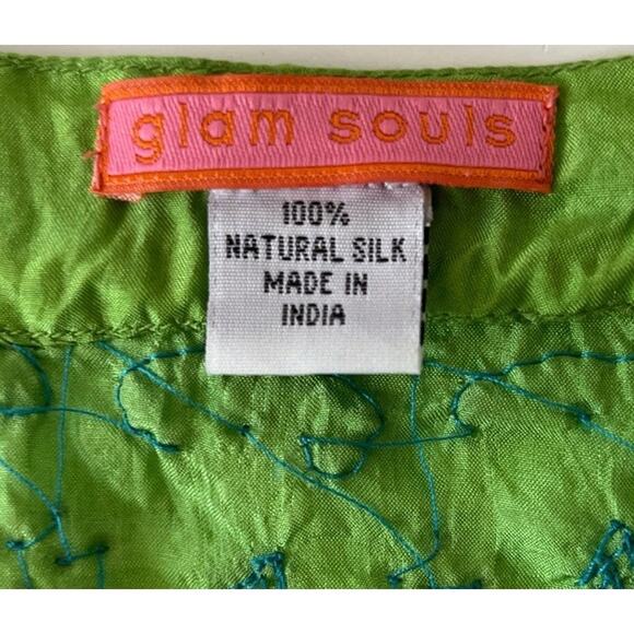 Glam Souls Tunic Top Women S/M Blue Green Silk Boho Beads Beach Resortwear Slit - Picture 2 of 10